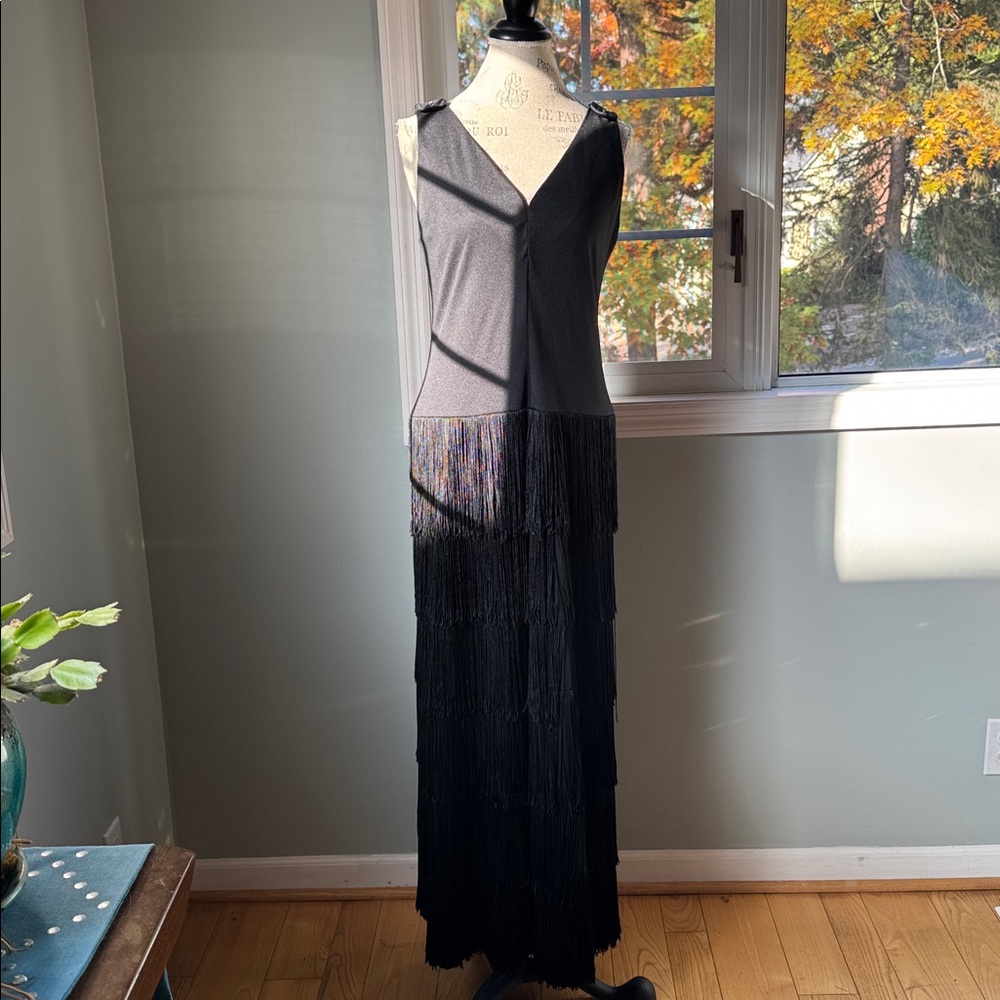 Bernie Bee vintage black fringed skirt maxi gala‎ dress flapper style EVC S/M